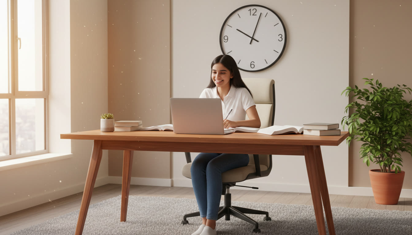 Photo Idea : A focused student at a desk with a laptop and notebooks, mid-study with a clock visible
