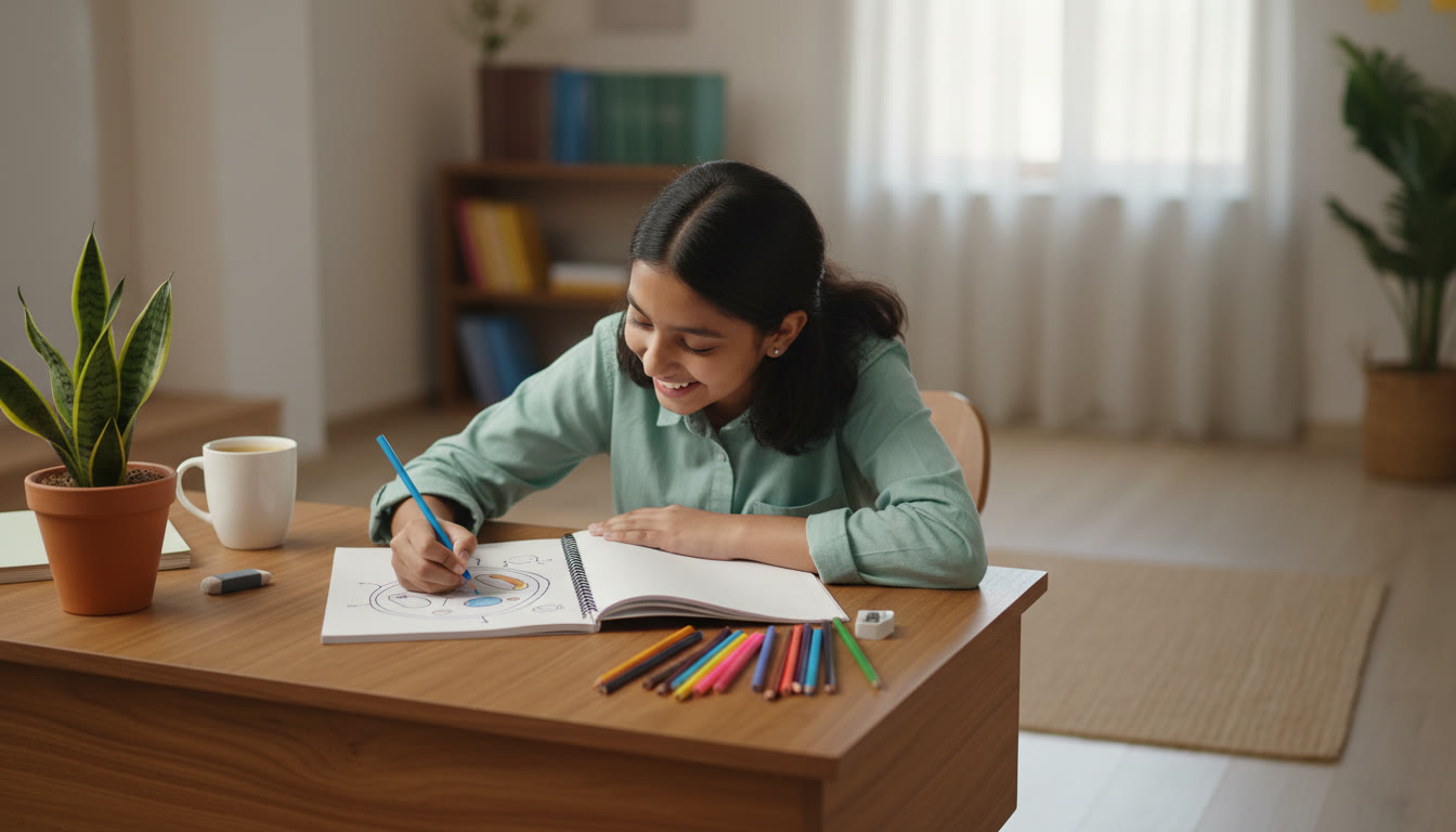 Photo Idea : a student drawing a labeled biological diagram with colored pencils on a desk