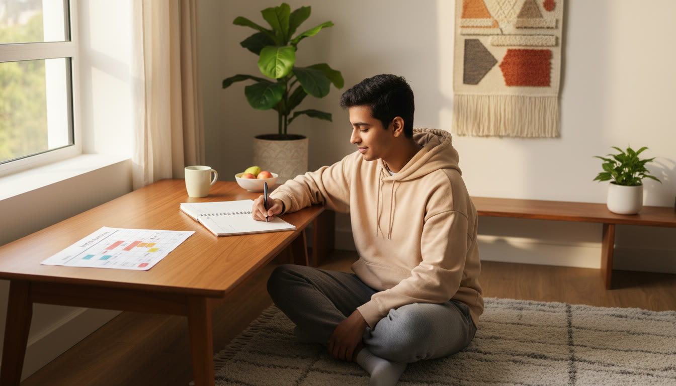 Photo Idea : student at a study desk with a neat timetable and open notebook, morning light