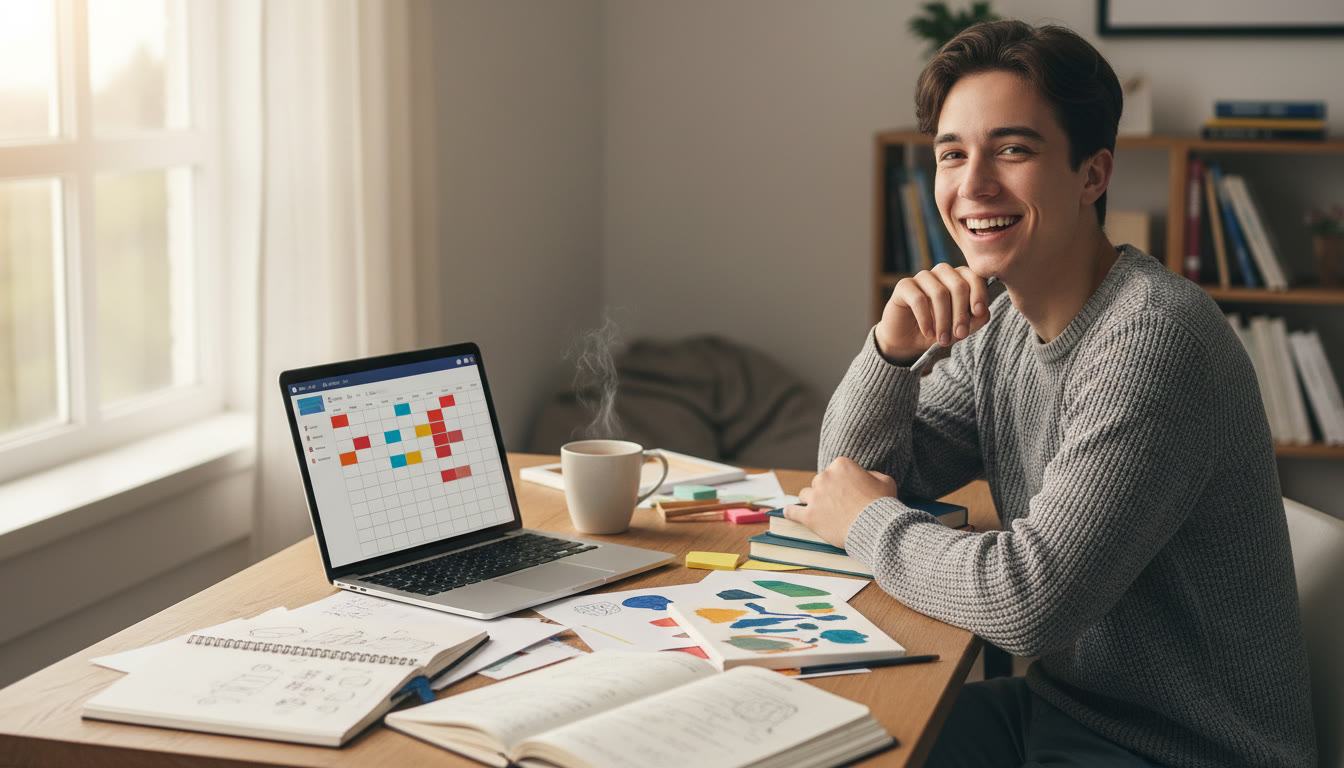 Photo Idea : An IB student at a desk with notebooks, a laptop showing a calendar, CAS project materials, and a coffee mug