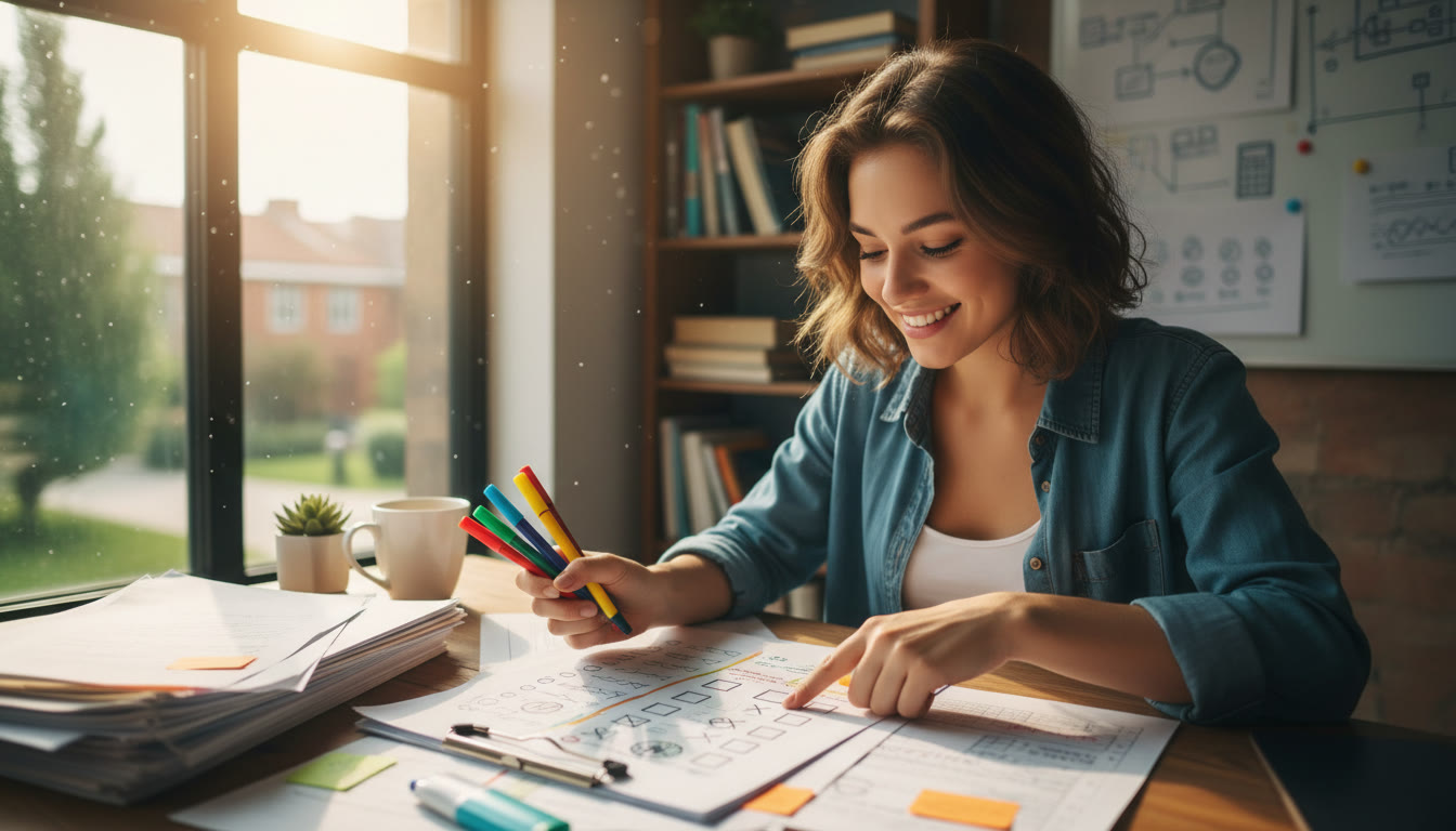 Photo Idea : student proofreading printouts at a desk with colored pens and a checklist