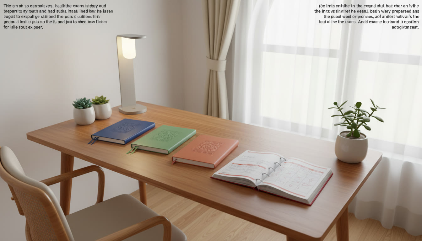 Photo Idea : A desk layout showing three labeled notebooks for Physics, Chemistry, and Mathematics with a visible error log