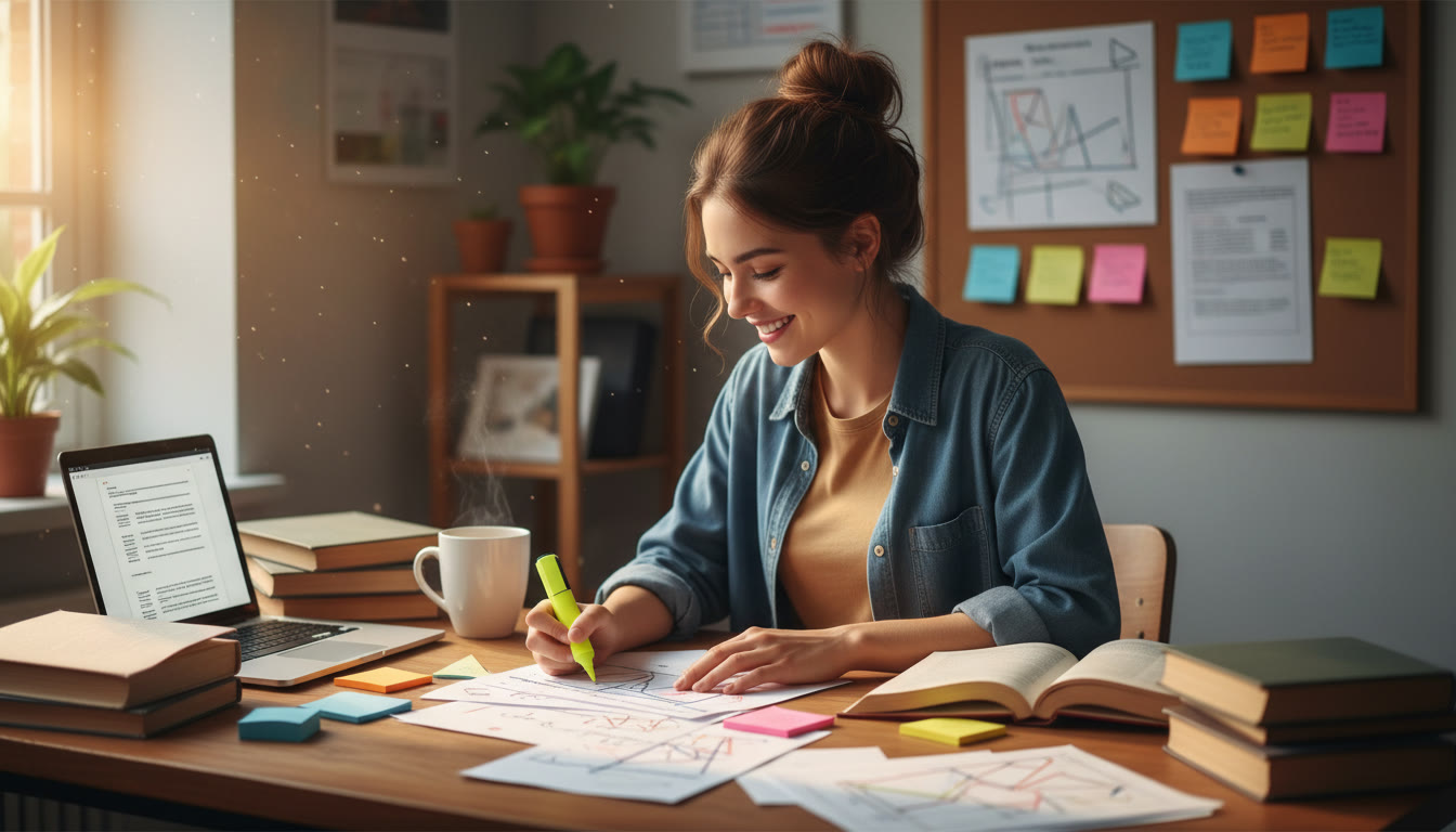 Photo Idea : A focused IB student revising their Extended Essay with highlighters and sticky notes