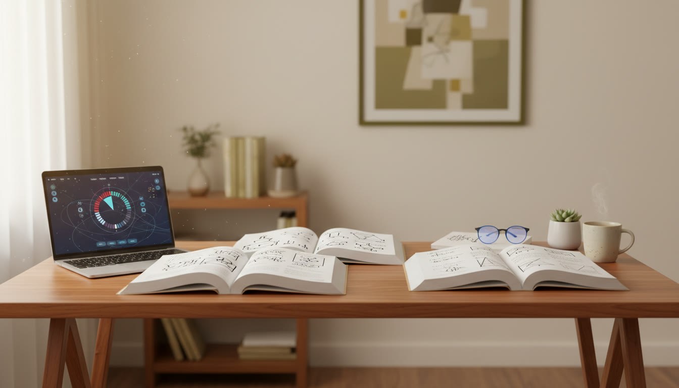 Photo Idea : A tidy study desk with open Physics, Chemistry, and Mathematics books, a laptop showing a mock-test timer