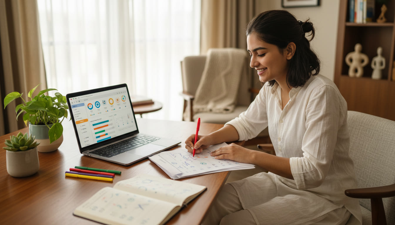 Photo Idea : Student at a desk marking a test paper with colored pens and a laptop showing a mock test dashboard