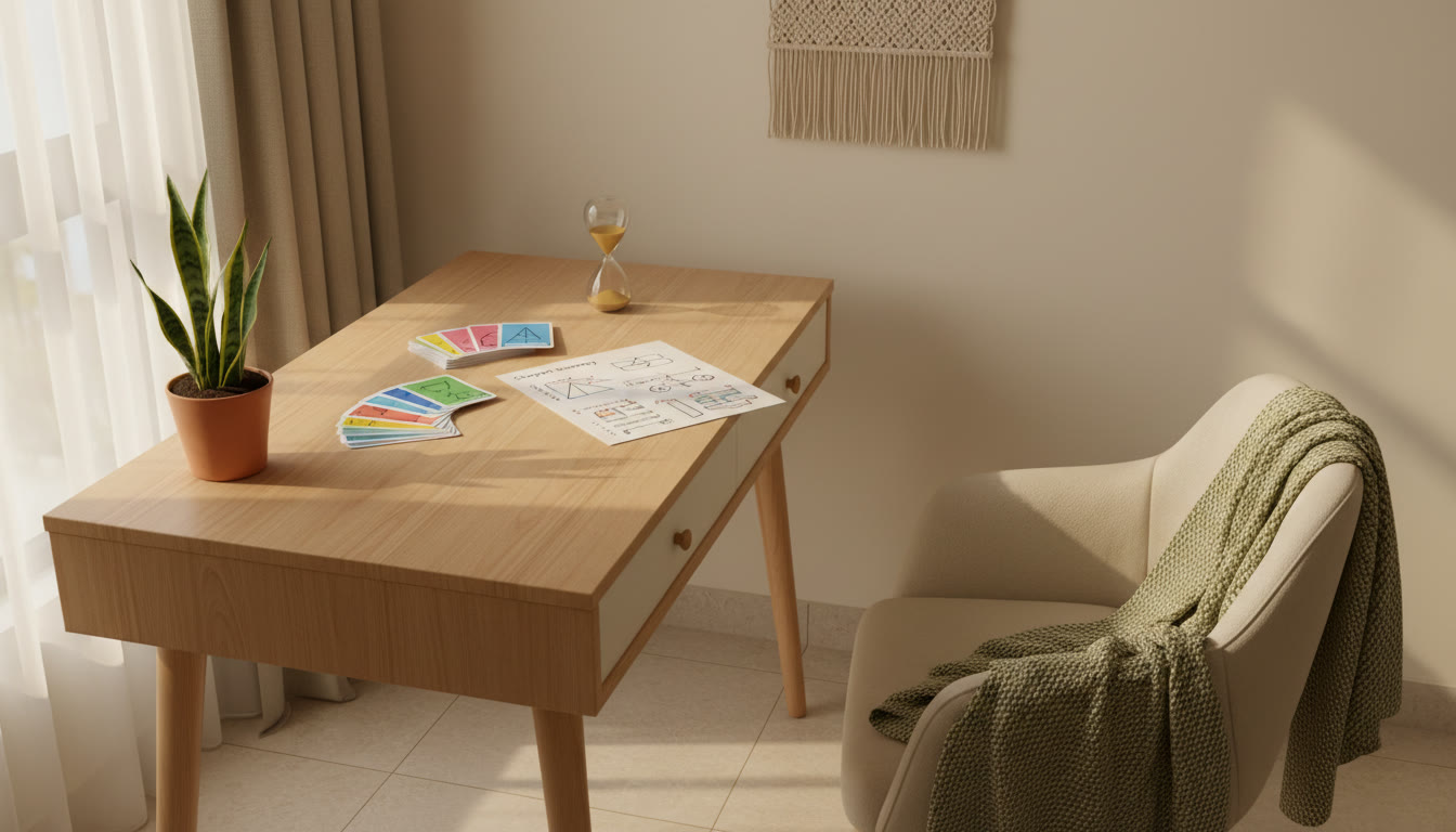 Photo Idea : a neat study corner with flashcards, a timer, and a one-page chapter summary