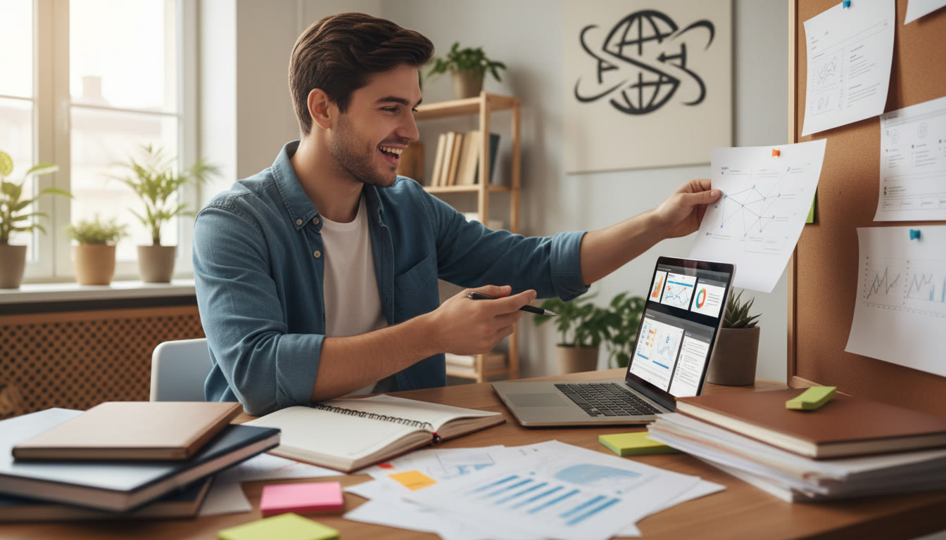 Photo Idea : A student at a laptop, surrounded by notebooks and data printouts, smiling while organizing project pages on a screen