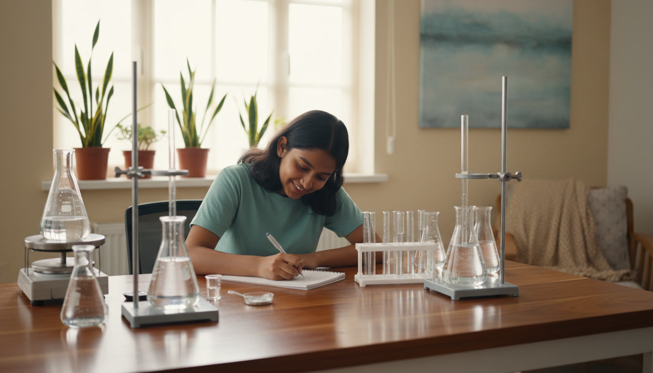 Photo Idea : Student carefully recording measurements in a lab notebook with neat apparatus arranged on the bench