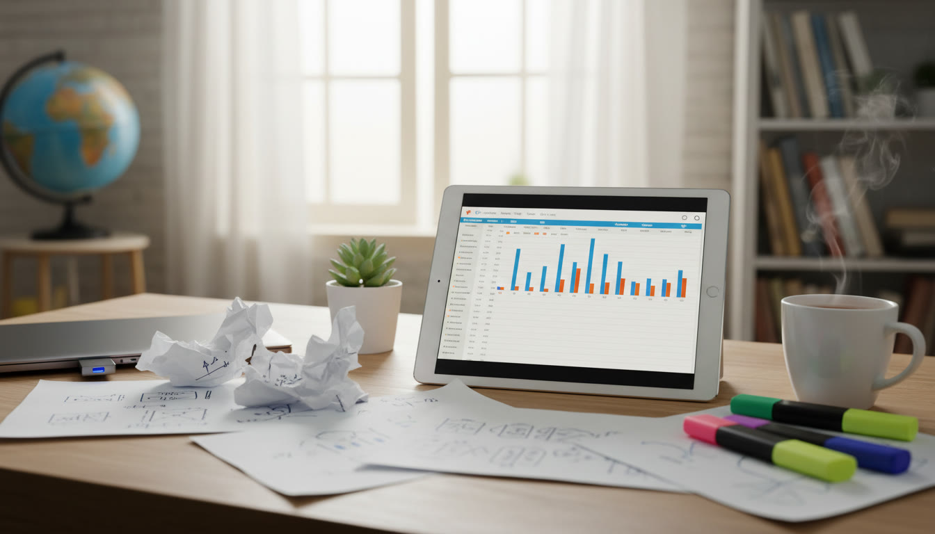 Photo Idea : A student’s desk with printed supervision notes, a USB drive, and a tablet displaying a version log spreadsheet