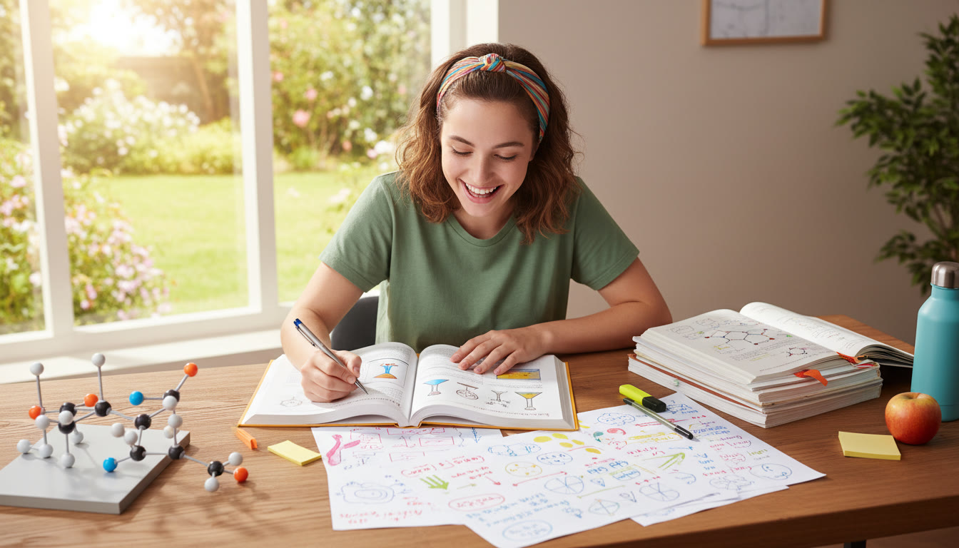 Photo Idea : Student at desk with an open chemistry textbook, colourful notes and a molecular model kit