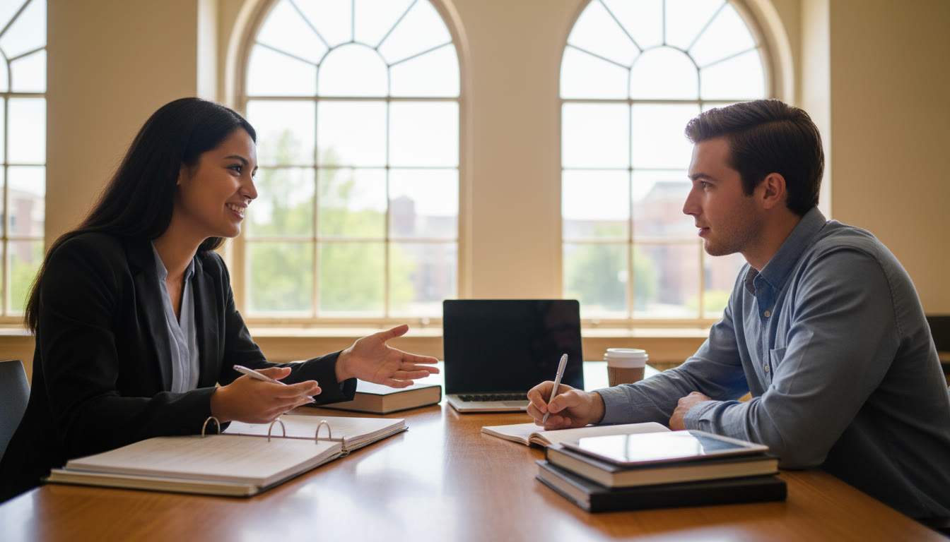 Photo Idea : Two students in a mock interview setting with one taking notes and the other answering confidently