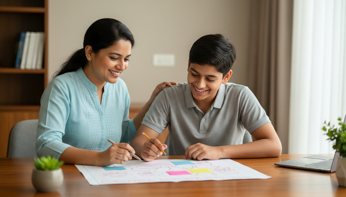 Photo Idea : A teacher and student reviewing a mock answer together with annotated red marks and sticky notes