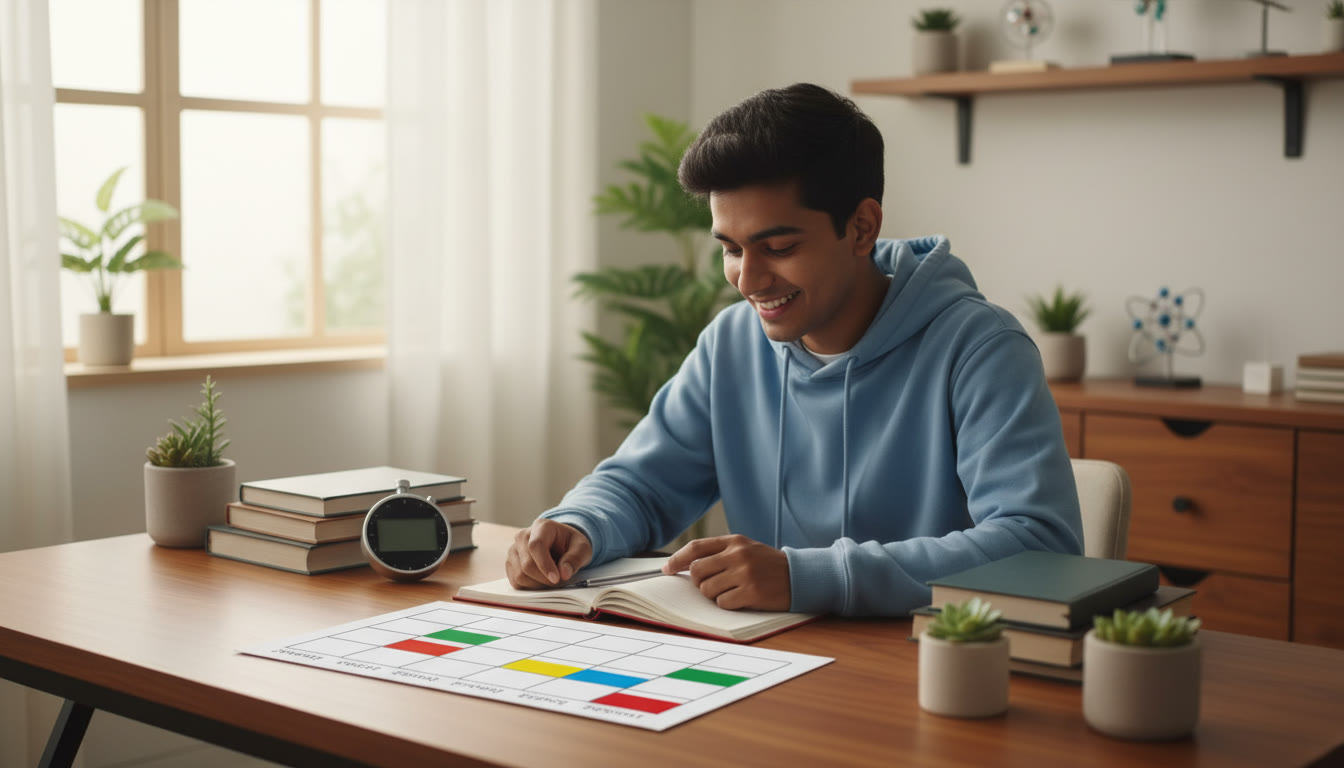Photo Idea : Student at a desk with a printed calendar, stopwatch, and open notebook showing a weekly plan.