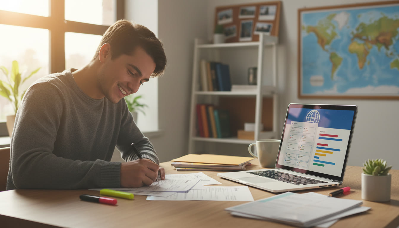 Photo Idea : A student at a desk filling out application forms with a laptop showing organized checklists
