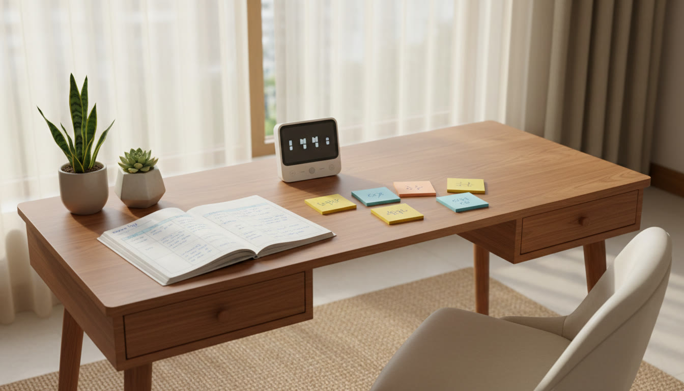Photo Idea : A desk with neatly written error log, color-coded sticky notes, and a timer for revision sprints