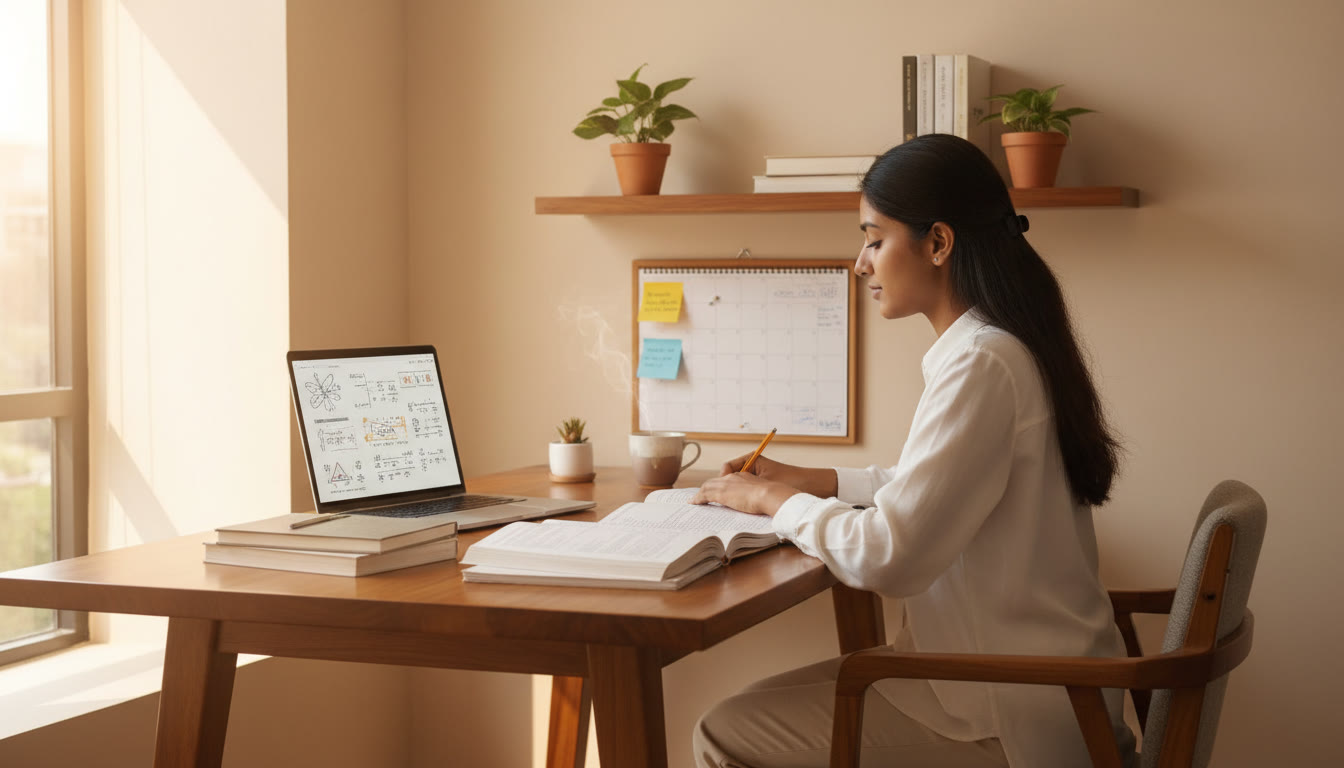 Photo Idea : A focused student at a clean study desk with open notebooks, a laptop showing practice questions, sticky notes on a calendar, and a cup of tea.