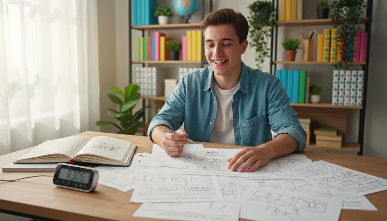 Photo Idea : Student at a tidy desk surrounded by annotated past papers, a notebook titled "Error Log" and a timer running