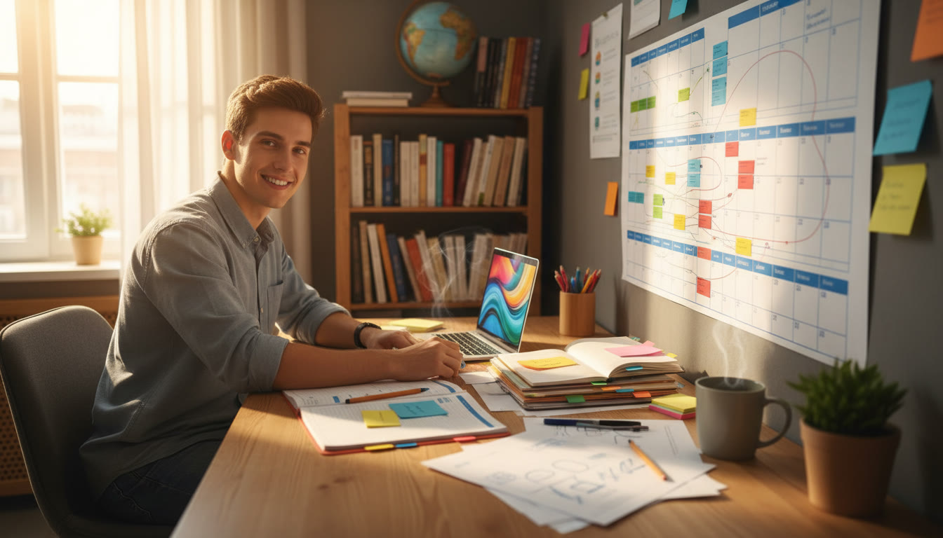 Photo Idea : Student at a desk organizing a color-coded calendar and notes for IB deadlines