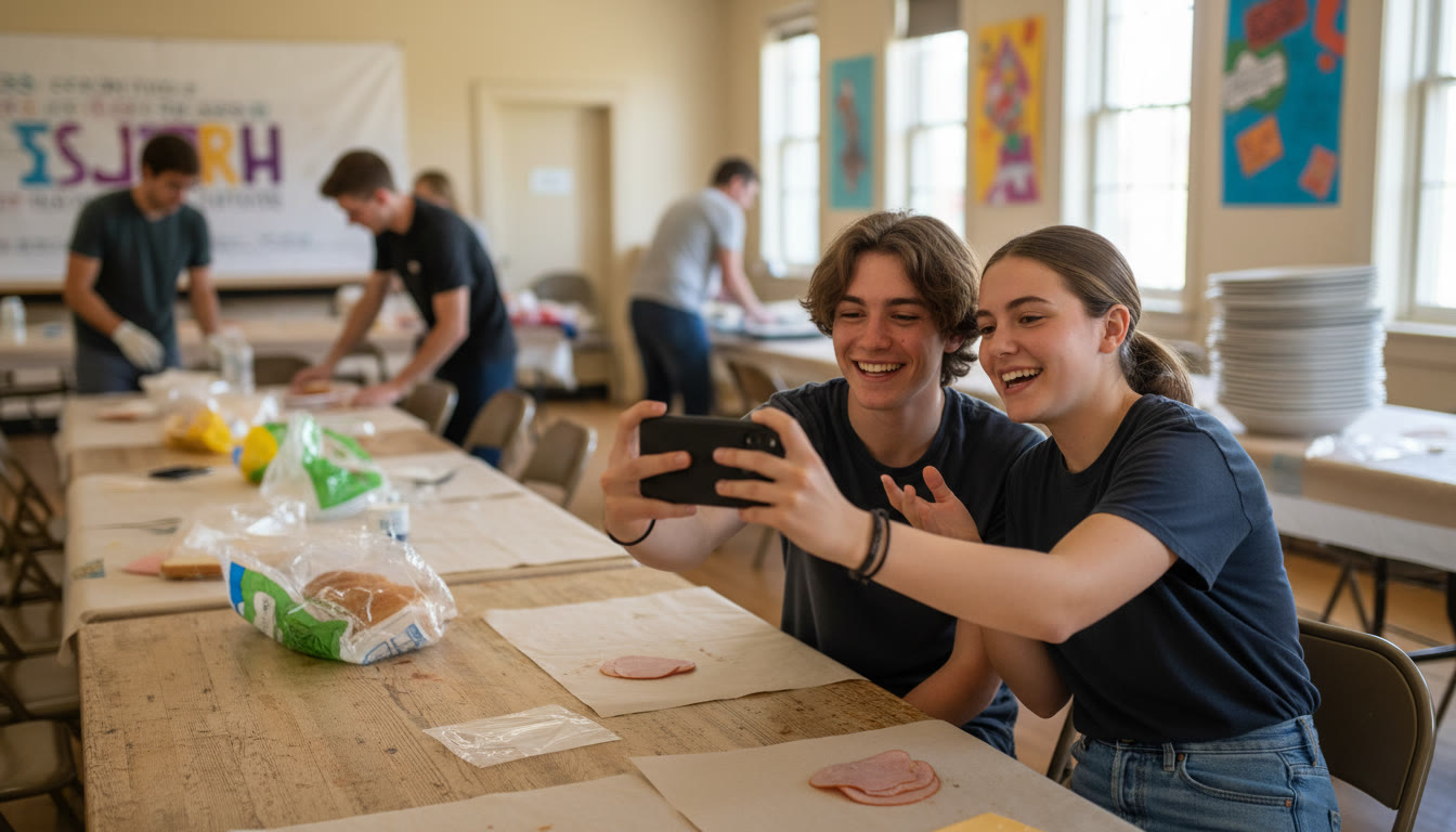 Photo Idea : Two students recording a short reflective video on a phone after a community sandwich-making session