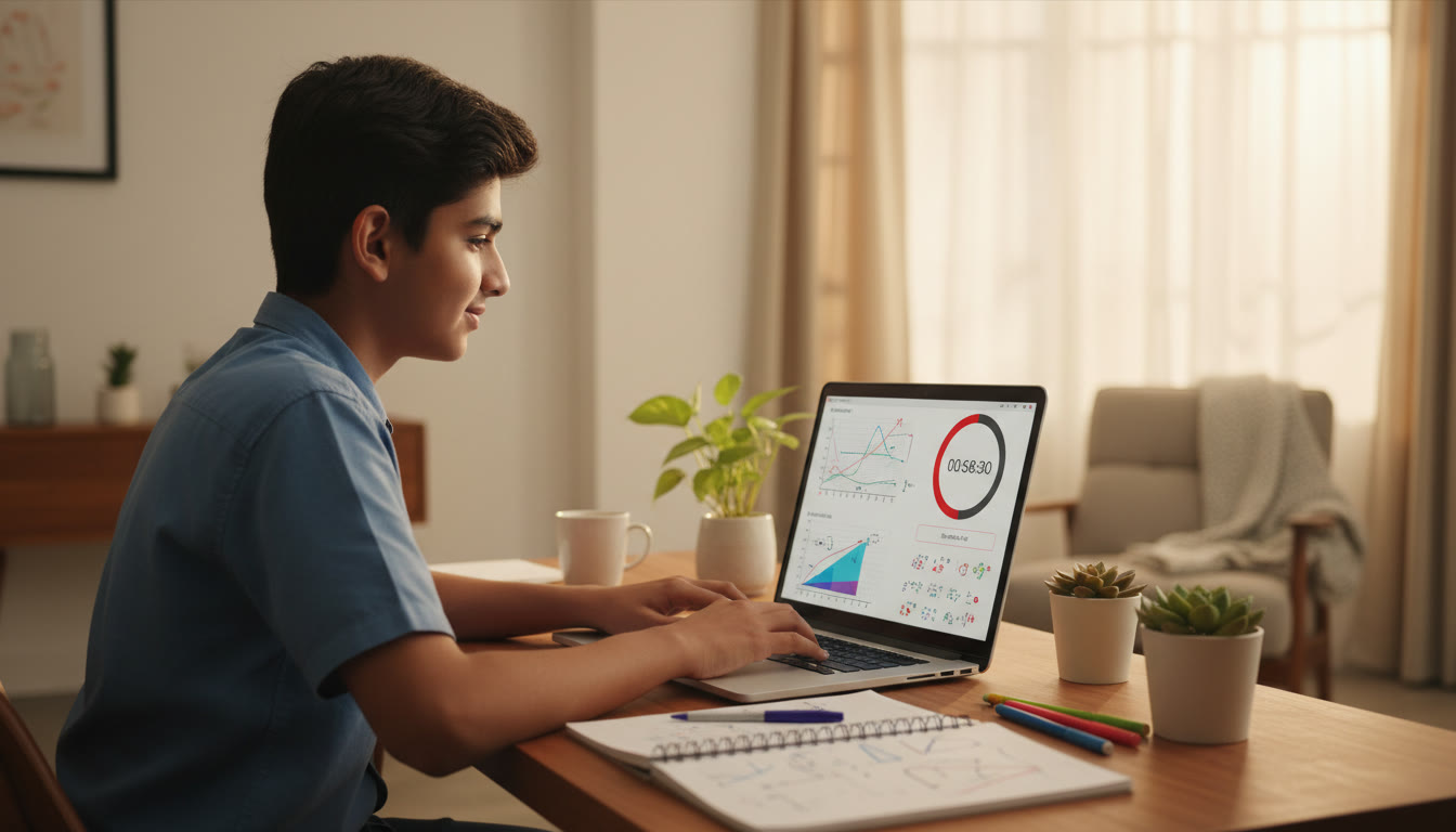 Photo Idea : A focused student taking a timed computer-based mock test on a laptop with a visible countdown timer and scattered notes nearby.