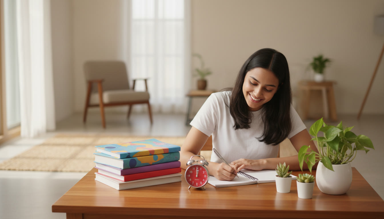 Photo Idea : Student writing in a notebook with a timer and a stack of subject textbooks nearby