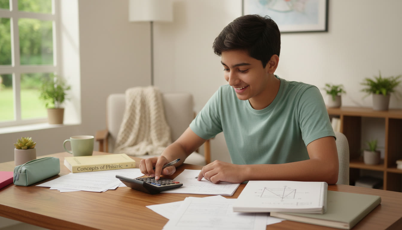 Photo Idea : a focused student at a desk solving physics problems with a calculator, scattered notebooks, and a neatly drawn free-body diagram in view