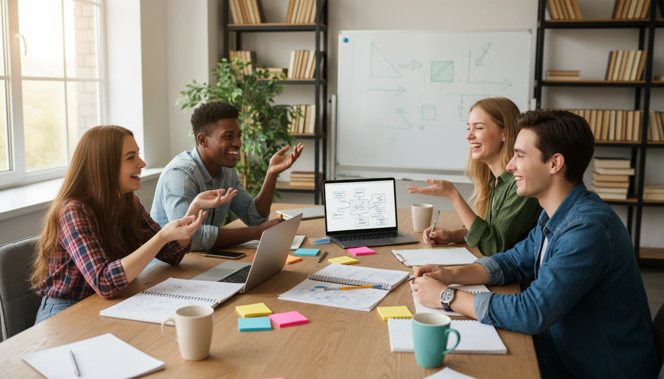 Photo Idea : A small group of students brainstorming around a table strewn with notebooks, sticky notes and laptops