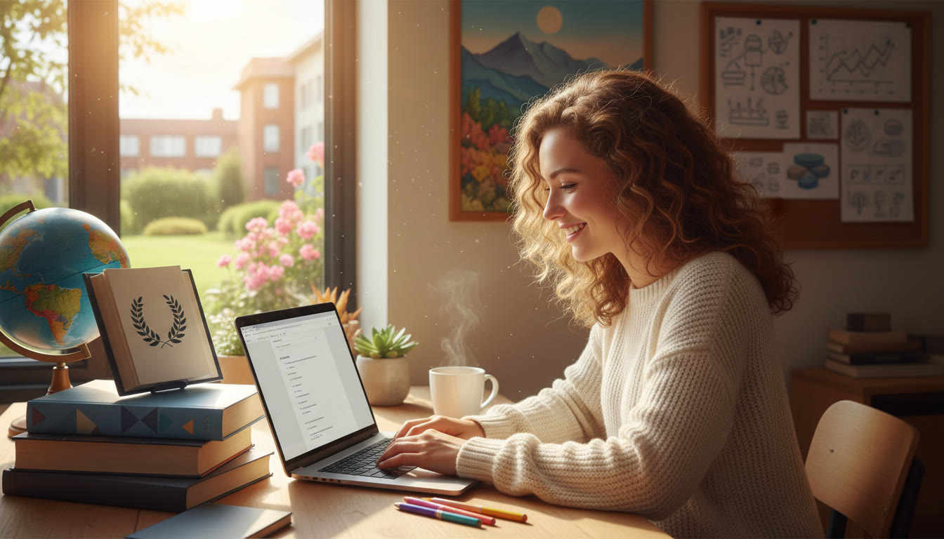 Photo Idea : A student writing an application essay at a desk, with IB textbooks and a laptop