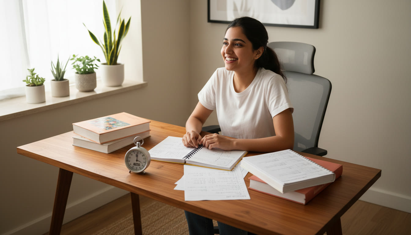 Photo Idea : Student at a study desk with a timer, textbooks open, problem sheets, and a notebook labeled 