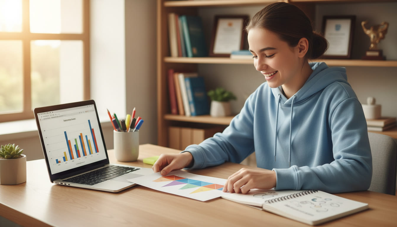 Photo Idea : Student at a tidy desk arranging a one-page CAS summary beside a laptop and notebook
