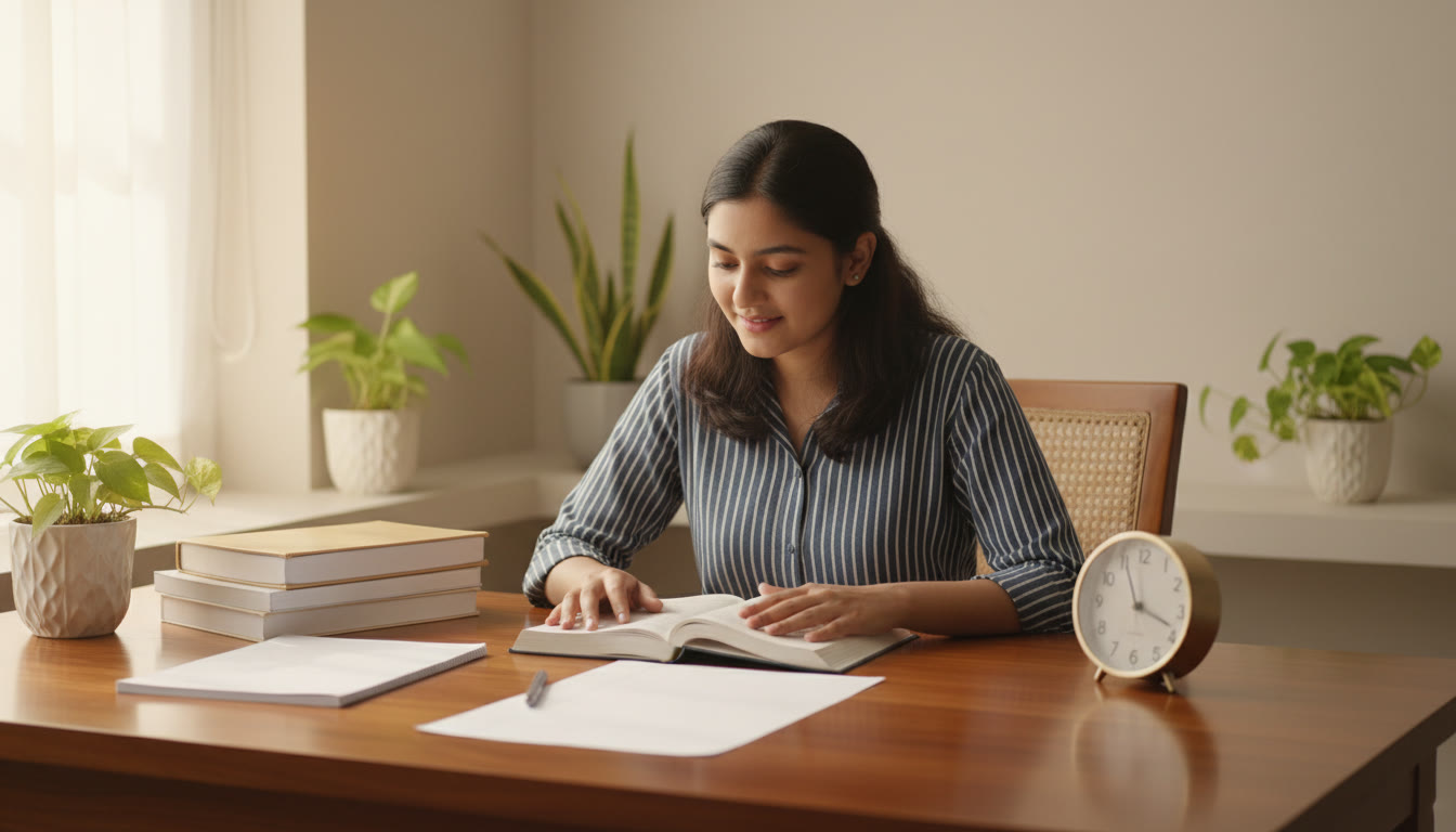 Photo Idea : A focused student at a desk with CBSE books, a clock, and a tidy answer sheet