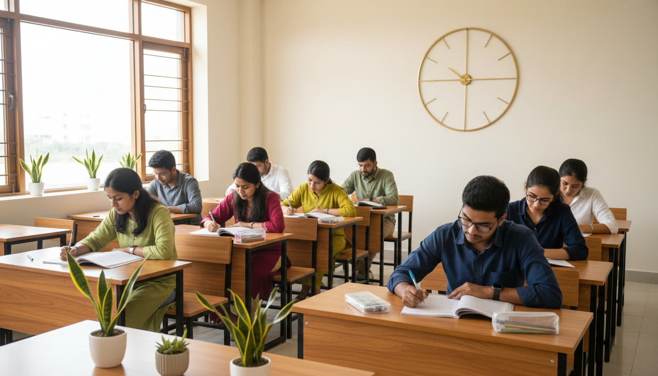 Photo Idea : classroom-style mock test scene with students practicing under exam conditions and a visible wall clock