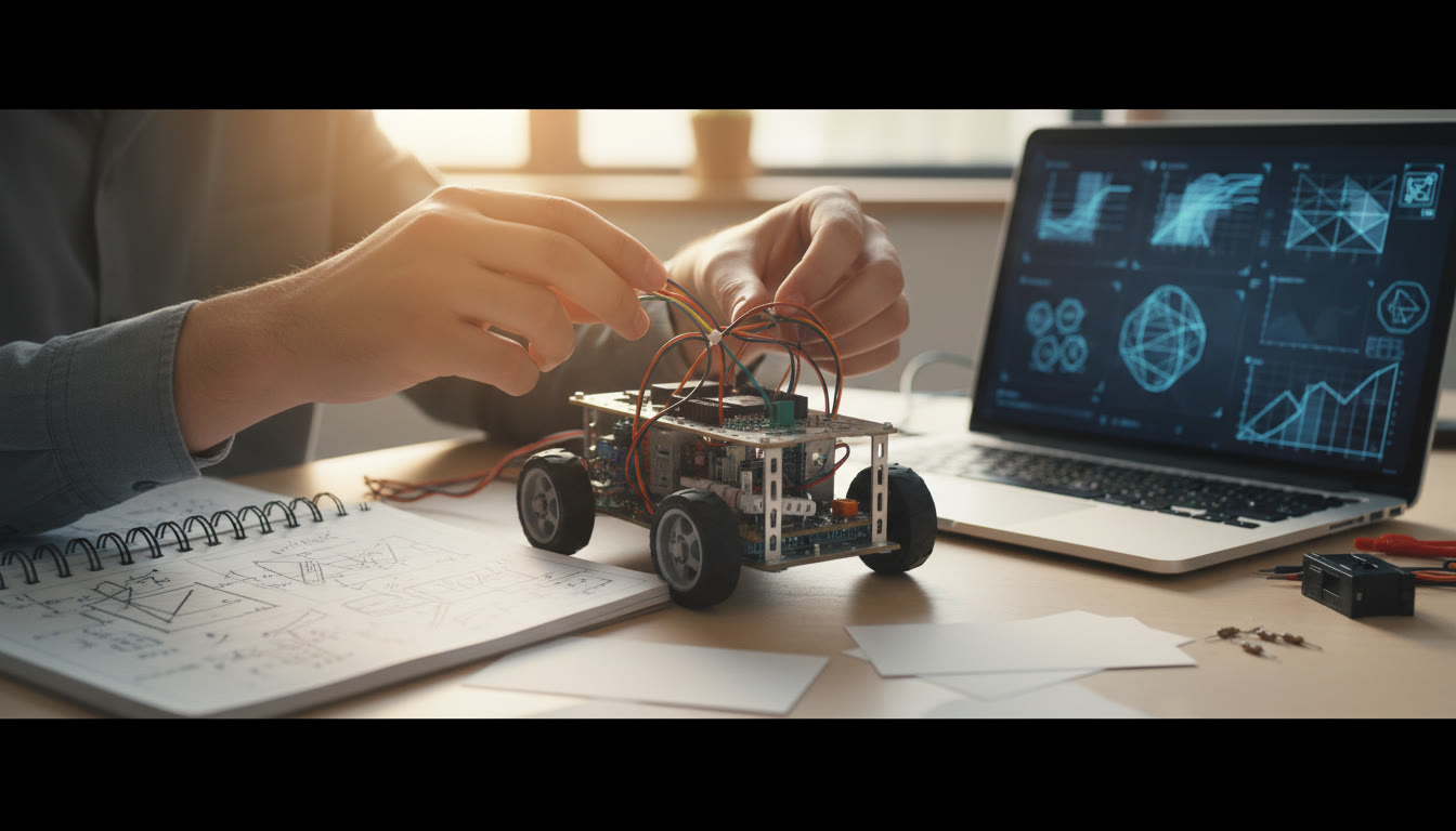 Photo Idea : Close-up of hands working on a robotics prototype with IB notes and a laptop nearby