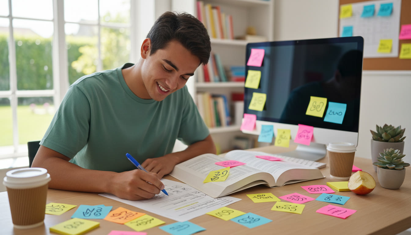Photo Idea : A student writing at a desk with an open IB exam paper and colourful sticky notes highlighting command terms