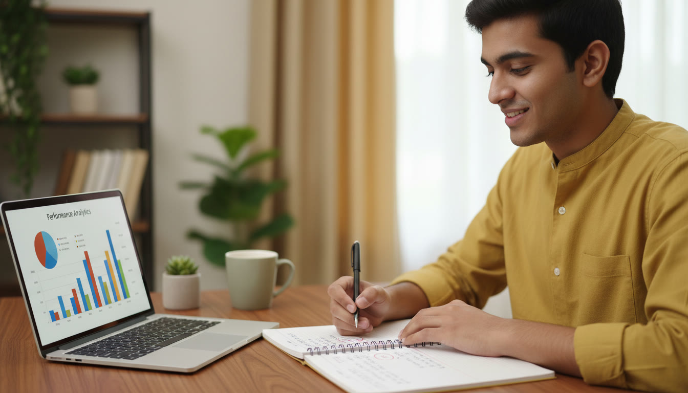 Photo Idea : Close-up of a student marking errors in a mock test analysis notebook with a pen and a laptop showing performance analytics