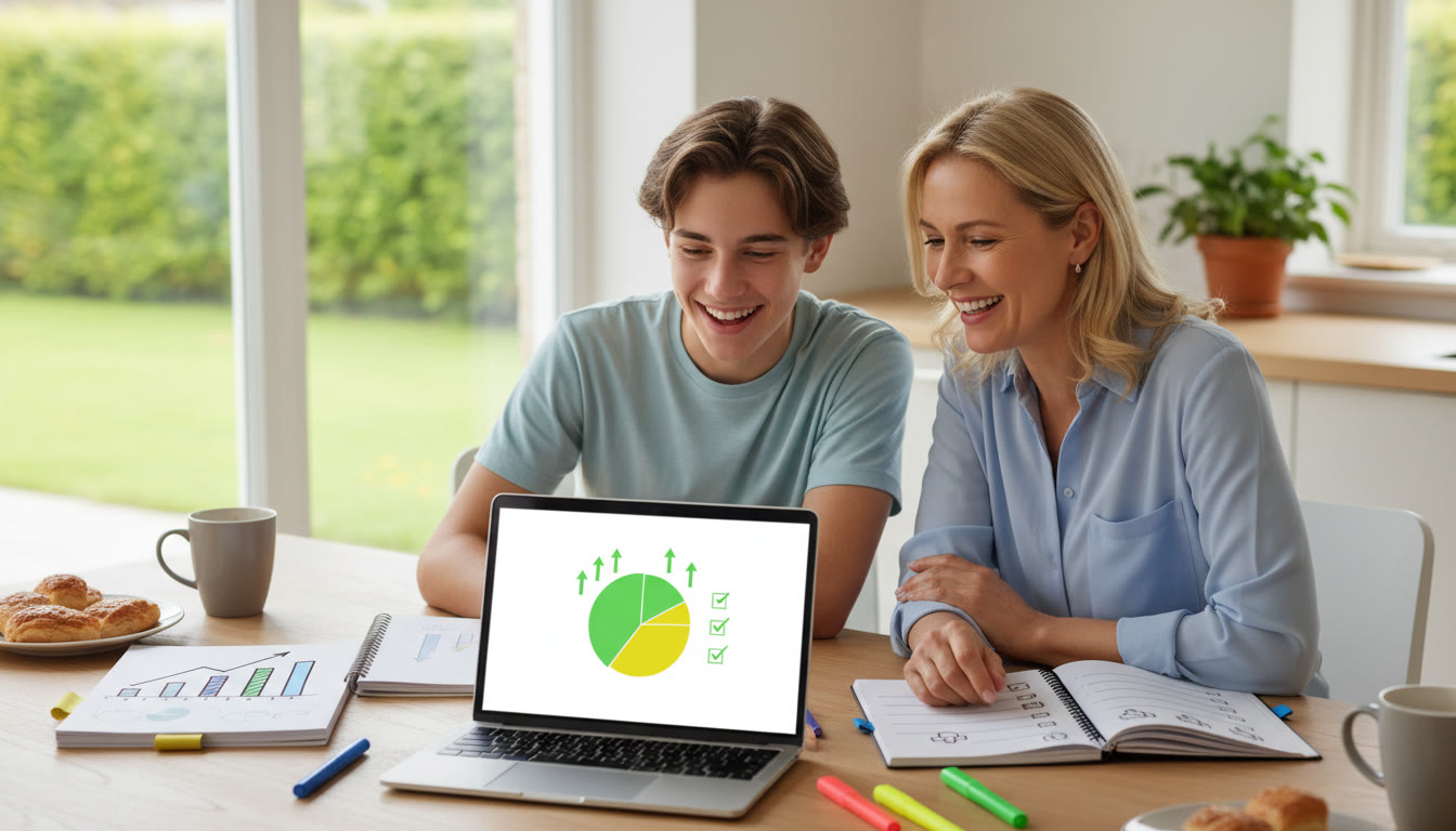 Photo Idea : Parent and teen reviewing predicted grades together with notebooks and a laptop on a kitchen table