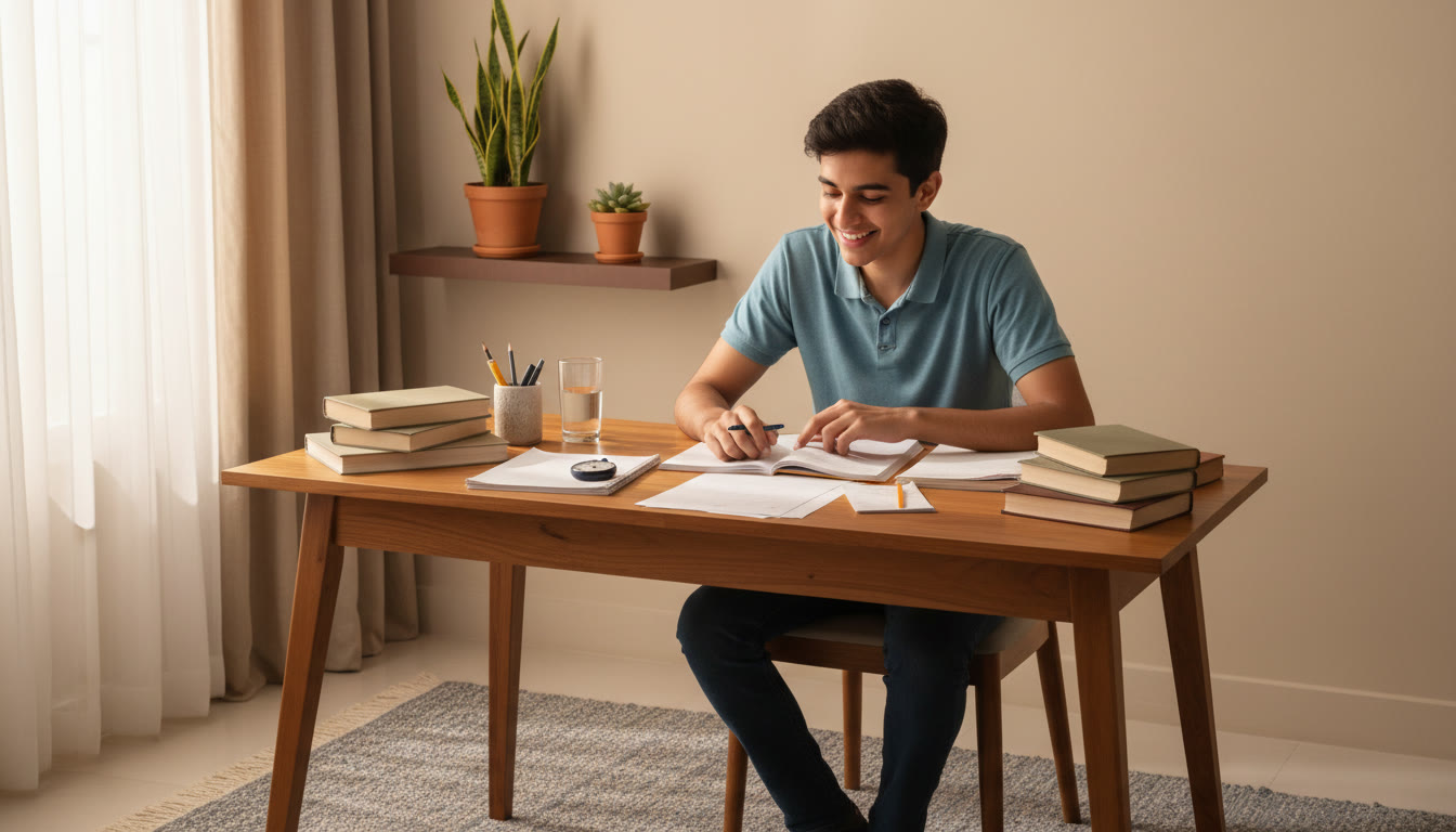 Photo Idea : Student at a study desk with notes, a mock test booklet, and a stopwatch