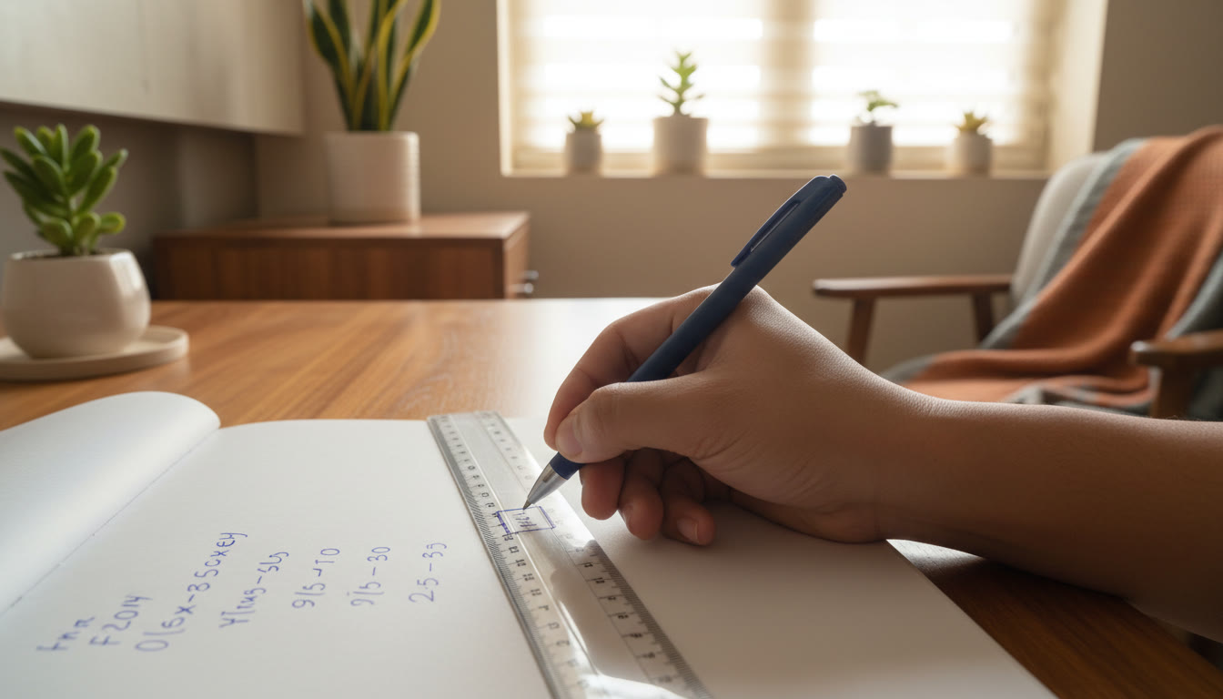 Photo Idea : Close-up of a hand boxing a final answer with a ruler beside neatly written steps
