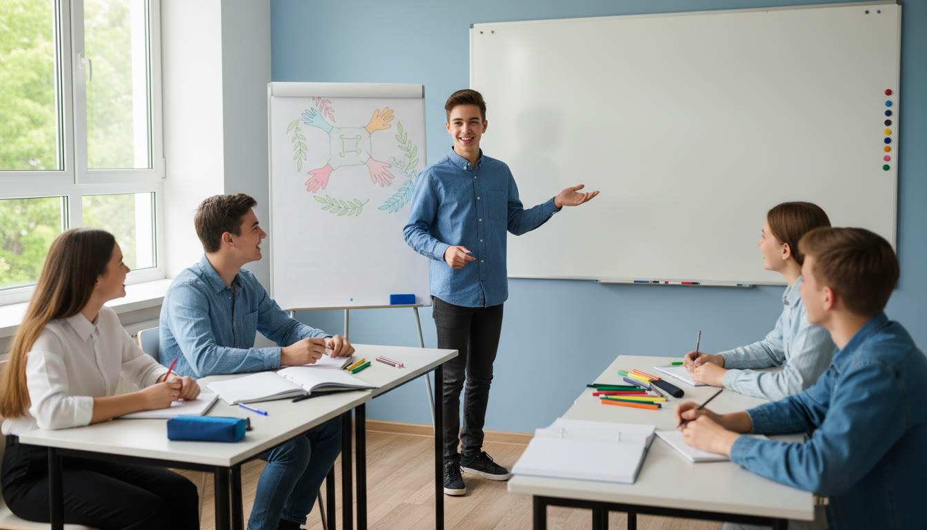 Photo Idea : A student confidently presenting a community action project to classmates with a whiteboard behind them