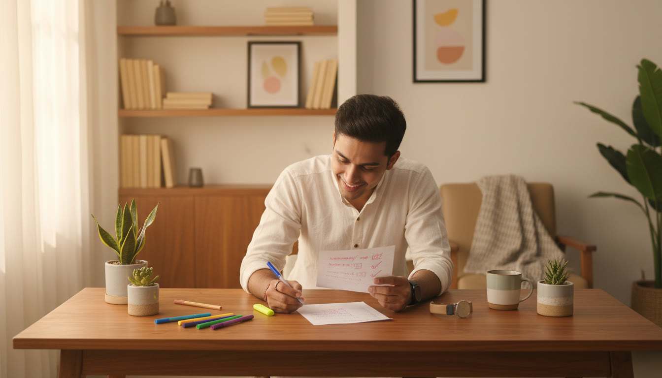 Photo Idea : Student reviewing a marked test paper with colored pens and a watch nearby