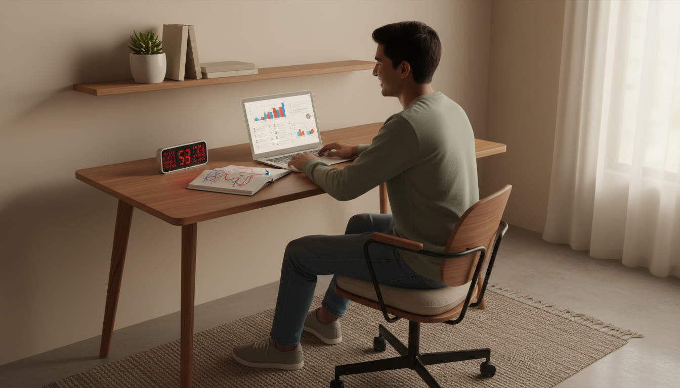 Photo Idea : A student taking a full-length mock test on a laptop with a visible stopwatch and error notebook beside them