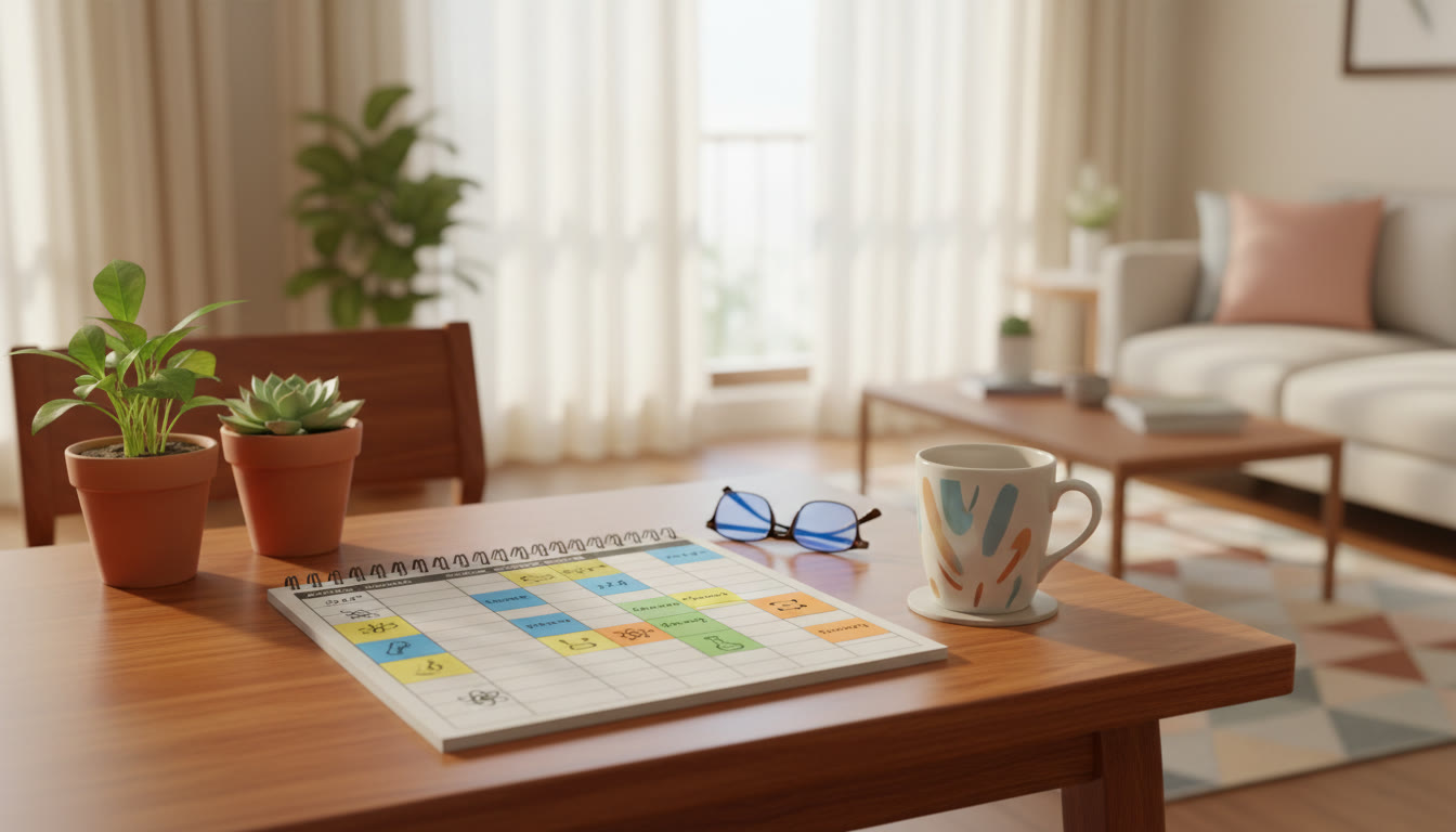 Photo Idea : A study planner on a desk showing a balanced weekly timetable with colorful sticky notes