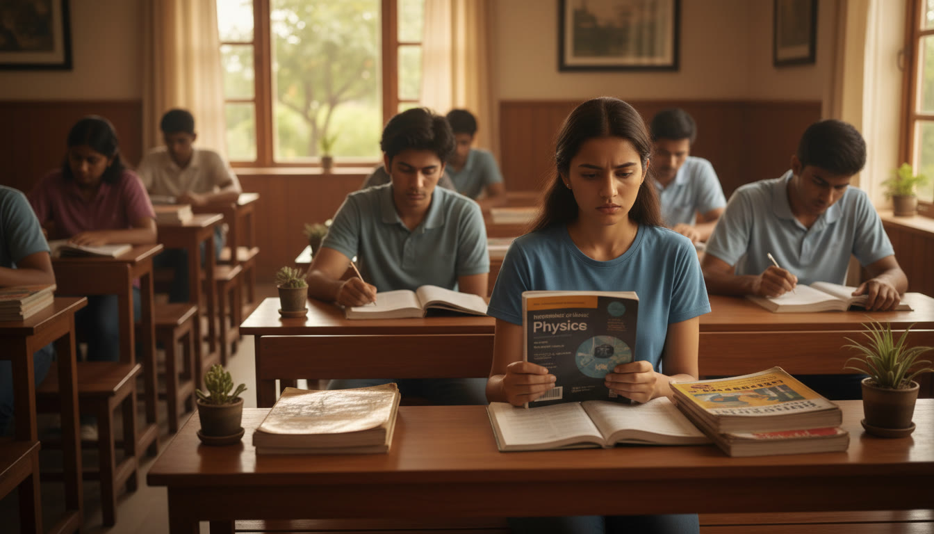 Photo Idea : A stressed student sitting in a crowded, dimly lit traditional classroom with rows of identical benches, holding an IB Physics textbook that looks out of place among stacks of local board guidebooks.