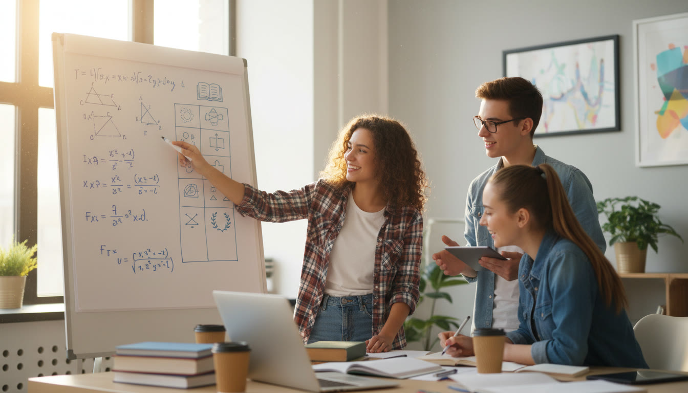 Photo Idea : A small group of students collaborating in a study room with a whiteboard of equations and bullet-point study goals