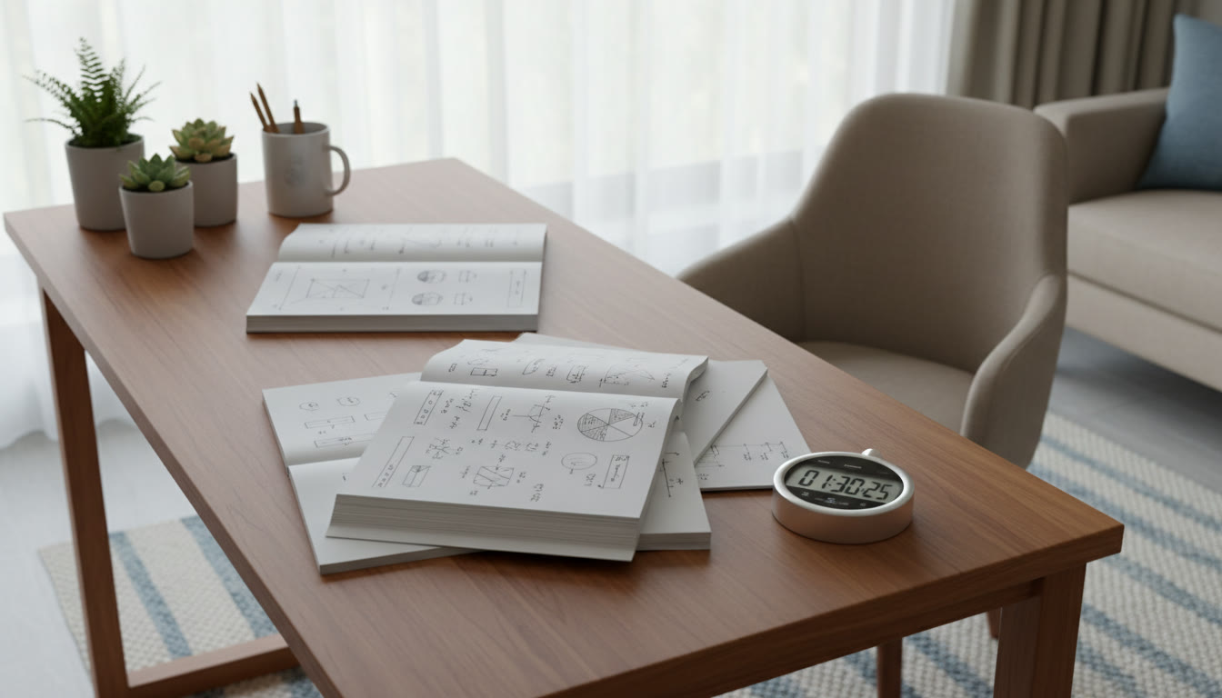 Photo Idea : A tidy study desk with notes, a stopwatch showing exam time, and a neatly organized error log notebook