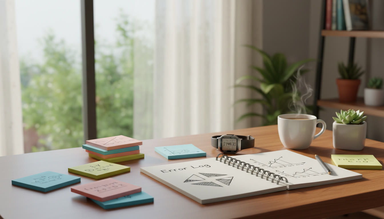Photo Idea : A student’s desk with neatly arranged short notes, an error log notebook open, and a wristwatch showing elapsed time
