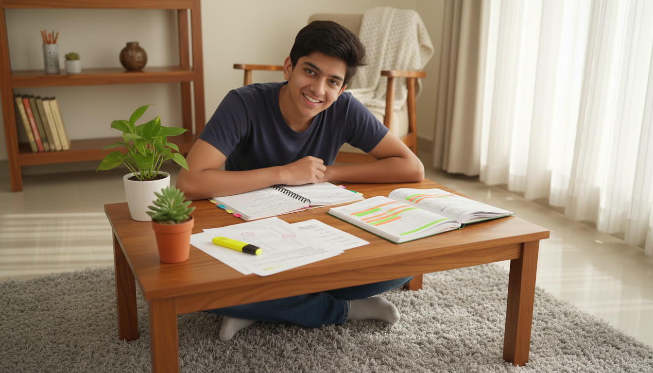 Photo Idea : Student reviewing mistakes from a mock test with a notebook and highlighted error log