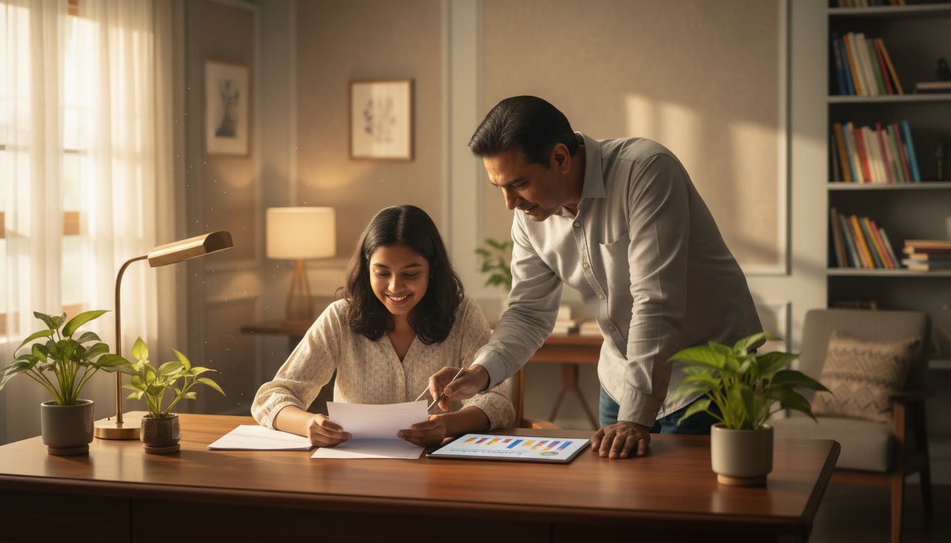 Photo Idea : A student reviewing a mock answer sheet with a mentor pointing at an error analysis chart