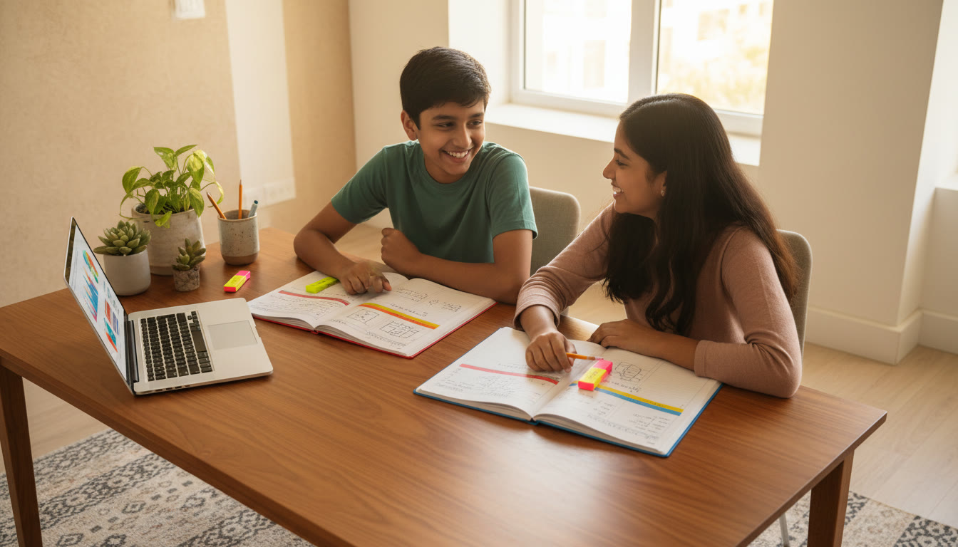 Photo Idea : Two students at a desk comparing ISC and CBSE notebooks with highlighted notes and a laptop