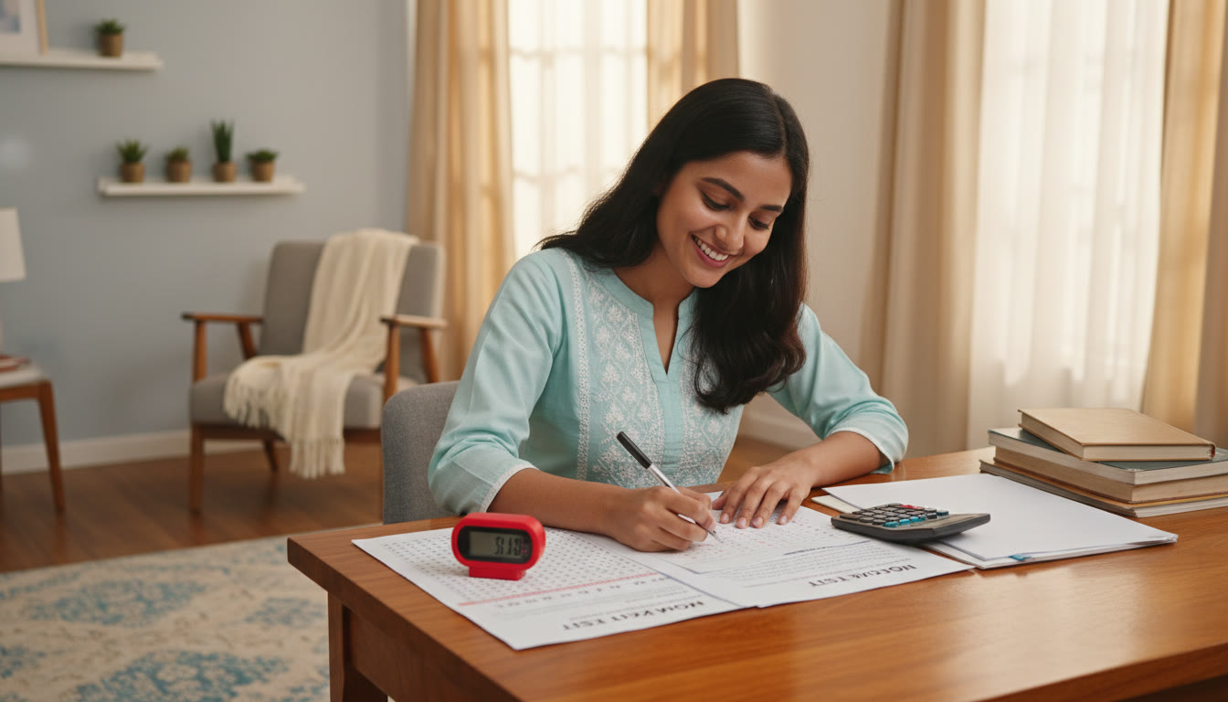 Photo Idea : a student practicing a full-length mock test with a stopwatch and OMR answer sheet